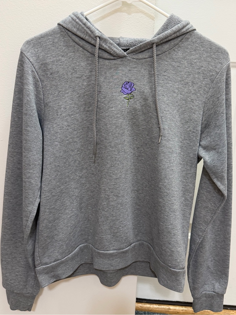Women’s Gray Sweater with Purple Rose Embroidery